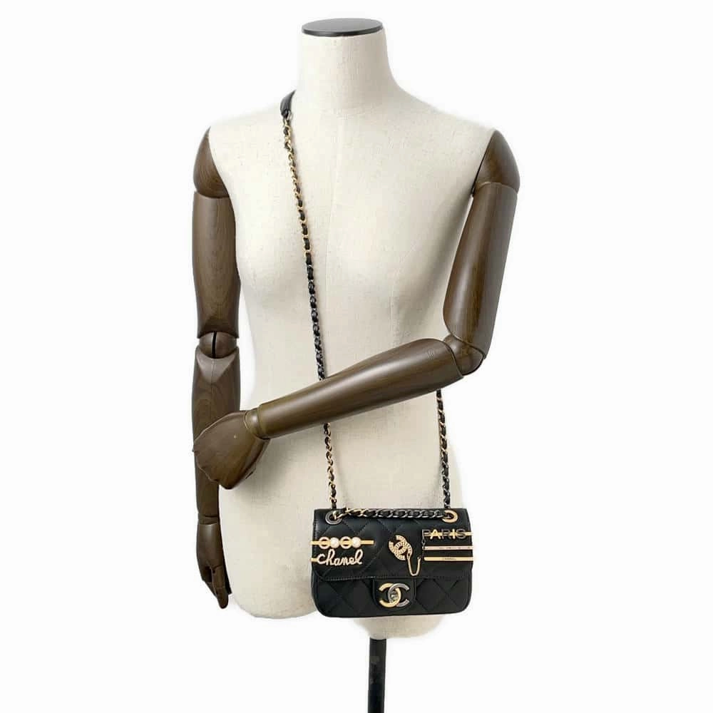 CHANEL Matelasse Bag Charm Single Flap Chain Shoulder BlackAS2978 Lambskin Size Mini