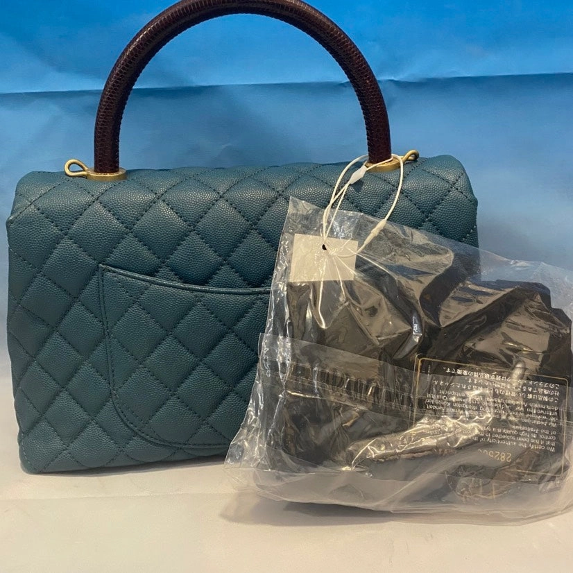 Chanel Quilted Top Handle Bag Army Blue Leather Shoulder Bag