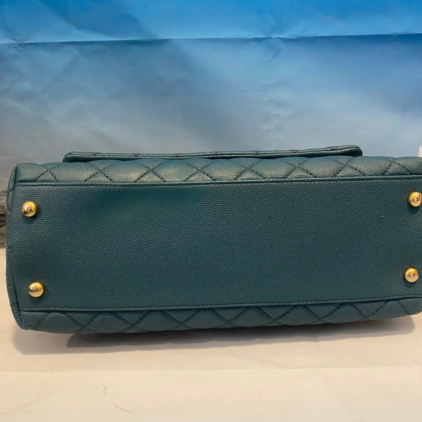 Chanel Quilted Top Handle Bag Army Blue Leather Shoulder Bag