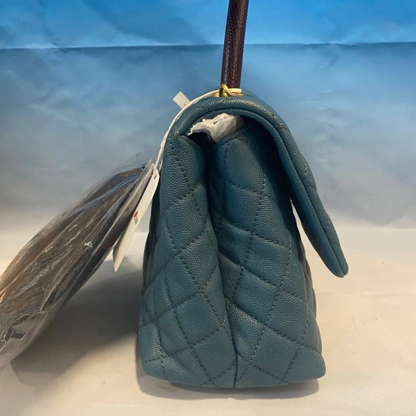 Chanel Quilted Top Handle Bag Army Blue Leather Shoulder Bag