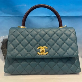 Chanel Quilted Top Handle Bag Army Blue Leather Shoulder Bag