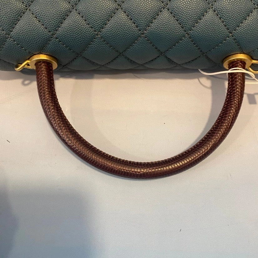 Chanel Quilted Top Handle Bag Army Blue Leather Shoulder Bag