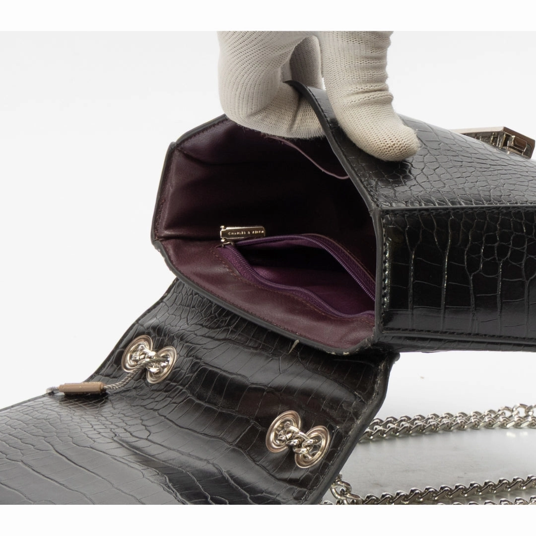 Charles & Keith Black Snake Skin Textured Shoulder Bag