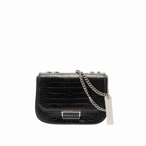 Charles & Keith Black Snake Skin Textured Shoulder Bag