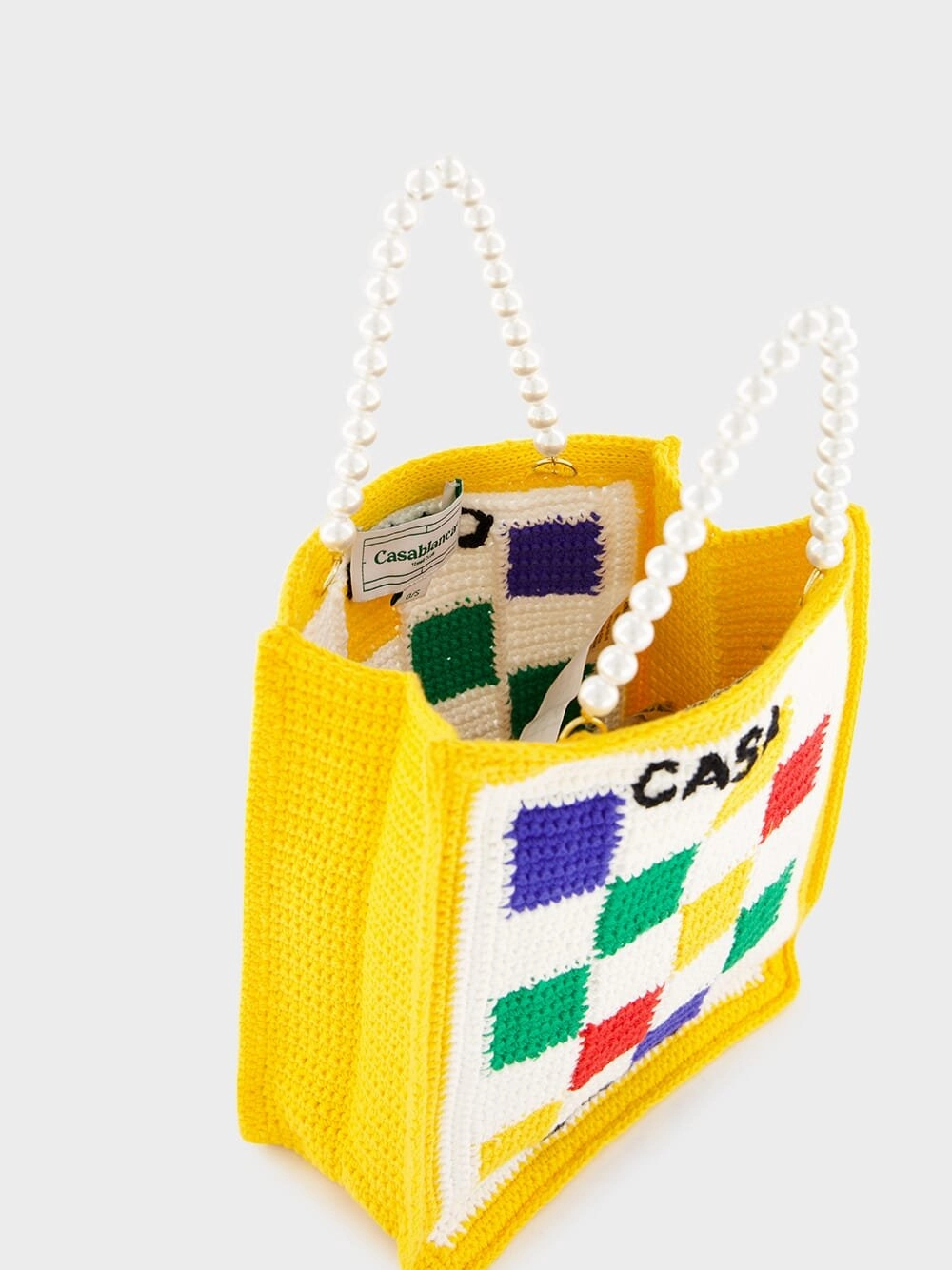 Checked Crochet-Knit Tote Bag