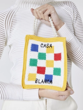 Checked Crochet-Knit Tote Bag