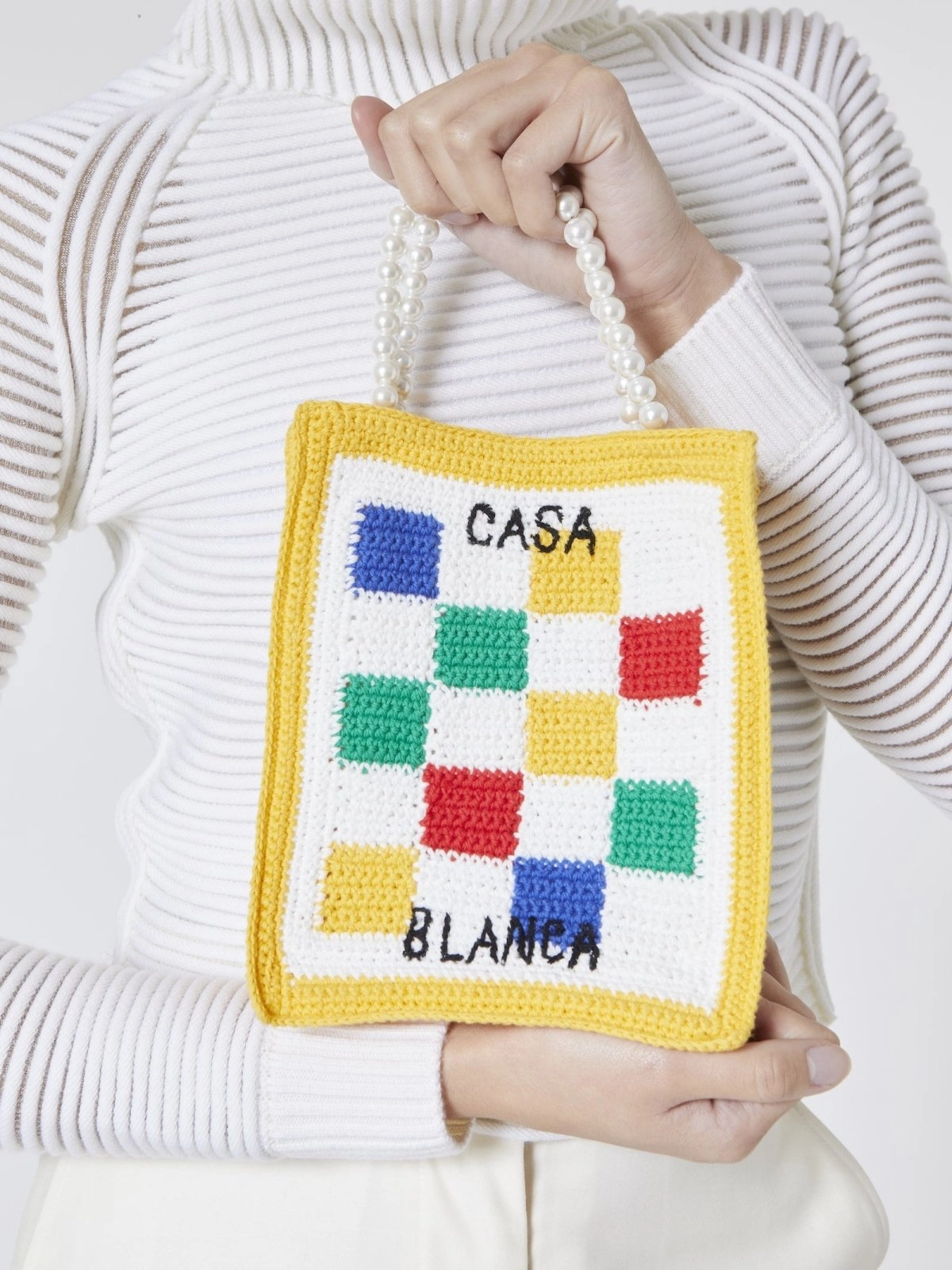 Checked Crochet-Knit Tote Bag
