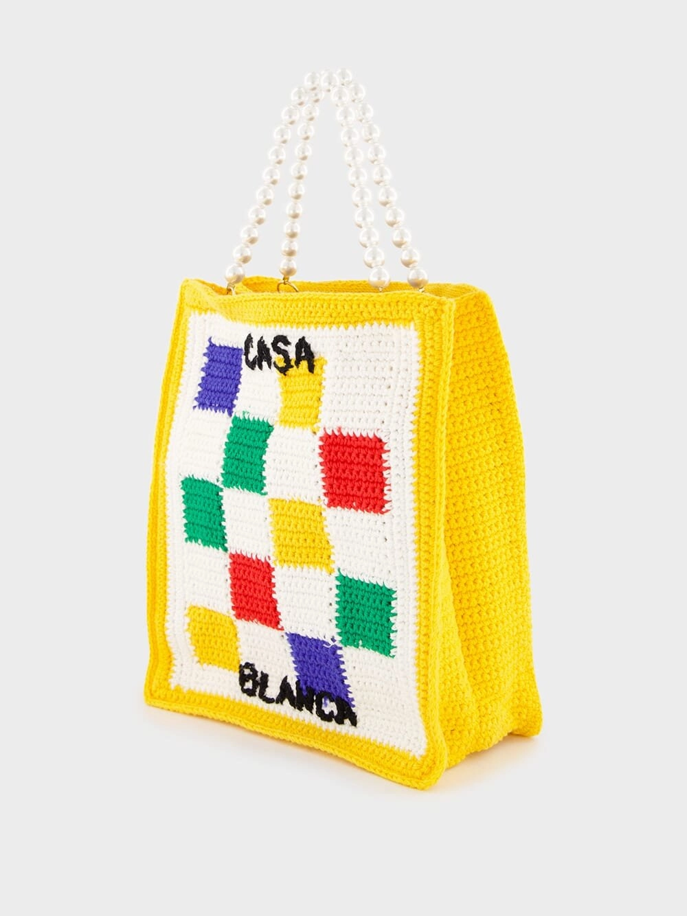 Checked Crochet-Knit Tote Bag