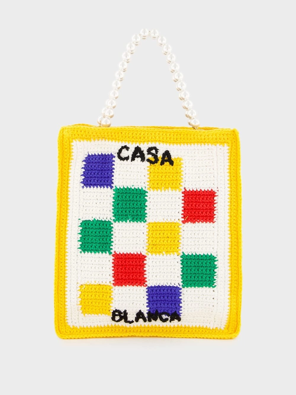 Checked Crochet-Knit Tote Bag