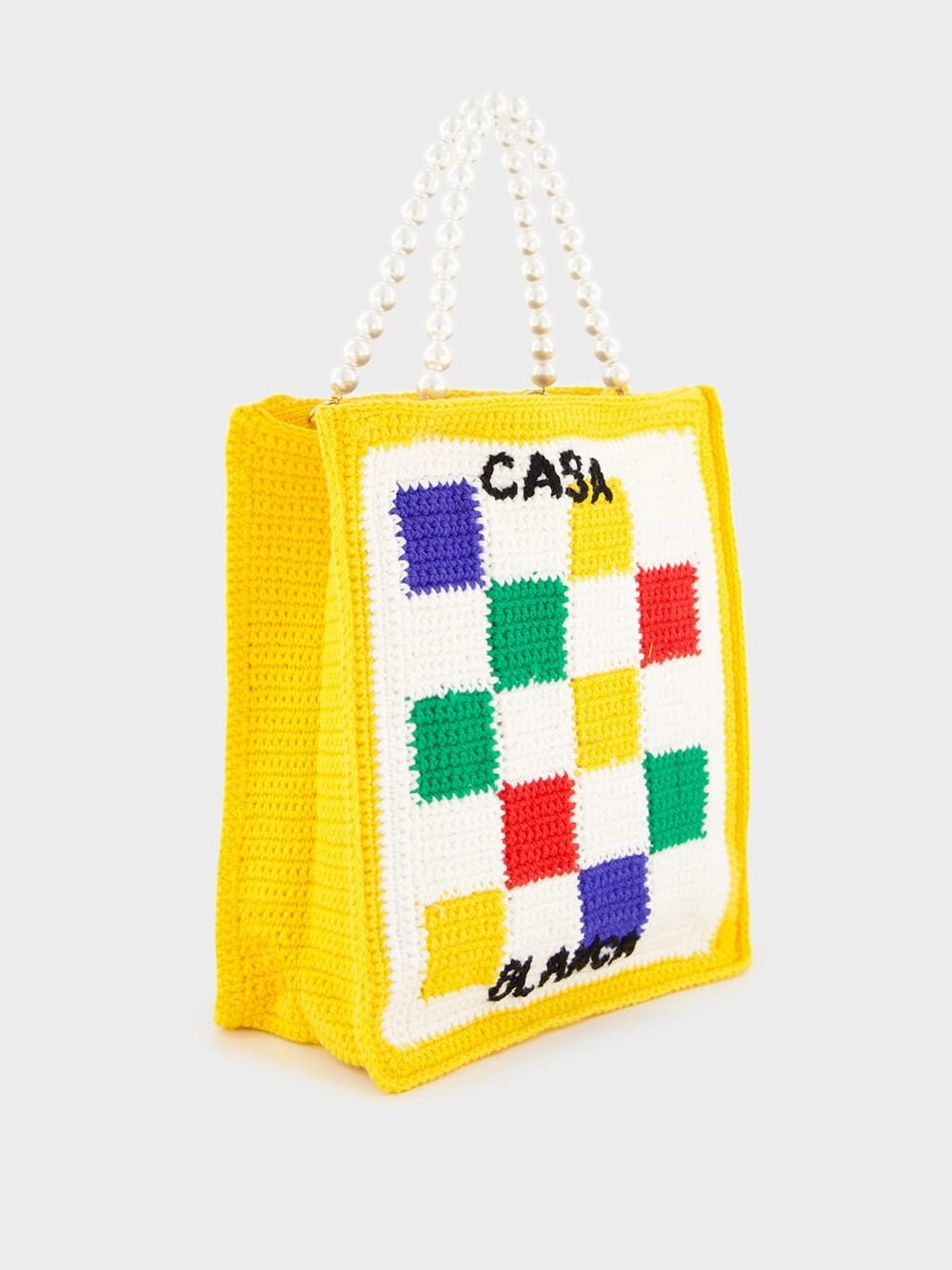 Checked Crochet-Knit Tote Bag