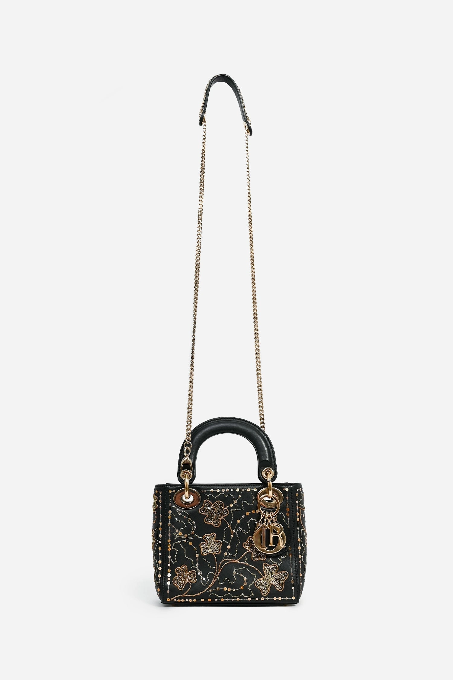 Christian Dior Black Leather Gold 'Clovers' Embroidered Mini Lady Dior