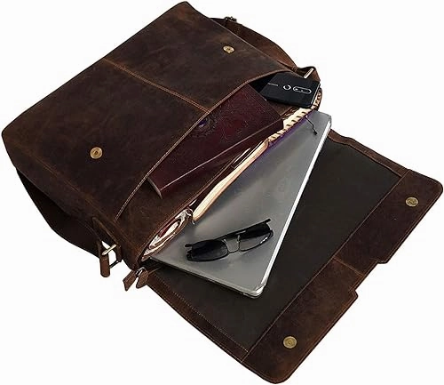 Classic Elegance: 18-Inch Vintage Leather Full Flap Messenger Laptop Bag - Vintage Leather Messenger bag - Retro Themed Messenger bag