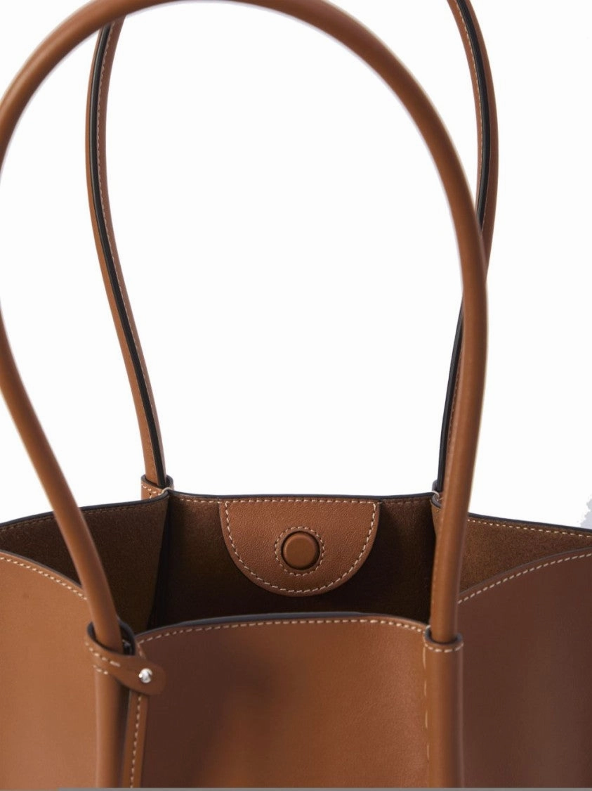 Cognac Brown Leather Tote With Woven Raffia Panel