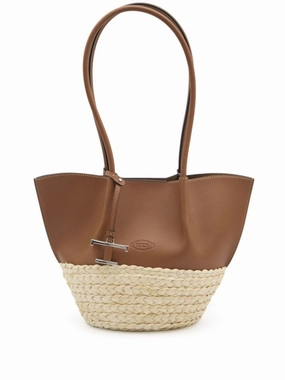 Cognac Brown Leather Tote With Woven Raffia Panel
