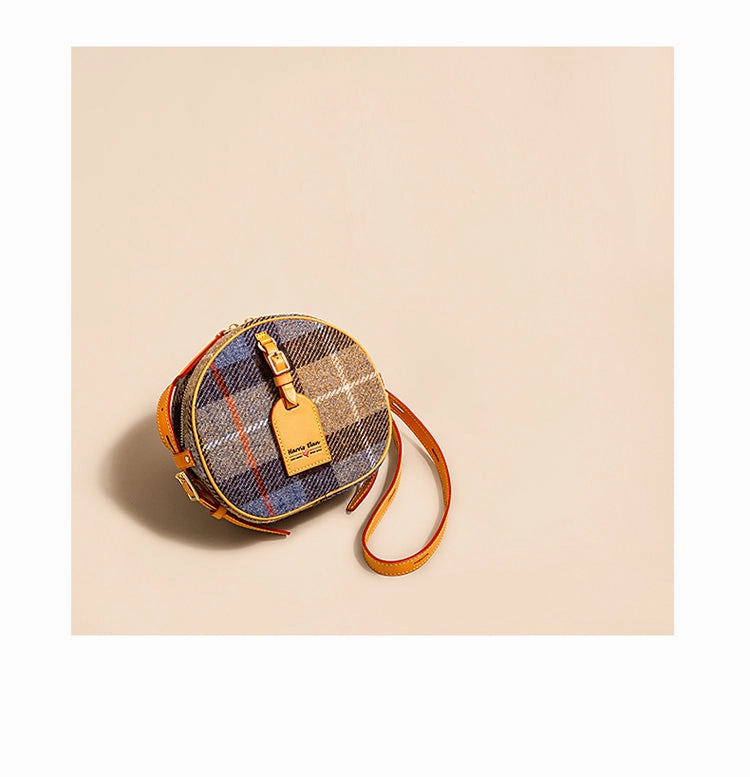 Cute Womens Small Yellow Leather Tweed Round Crossbody Purse Handmade Round Shoulder Bag for Women
