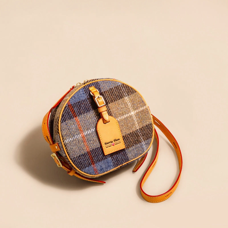 Cute Womens Small Yellow Leather Tweed Round Crossbody Purse Handmade Round Shoulder Bag for Women