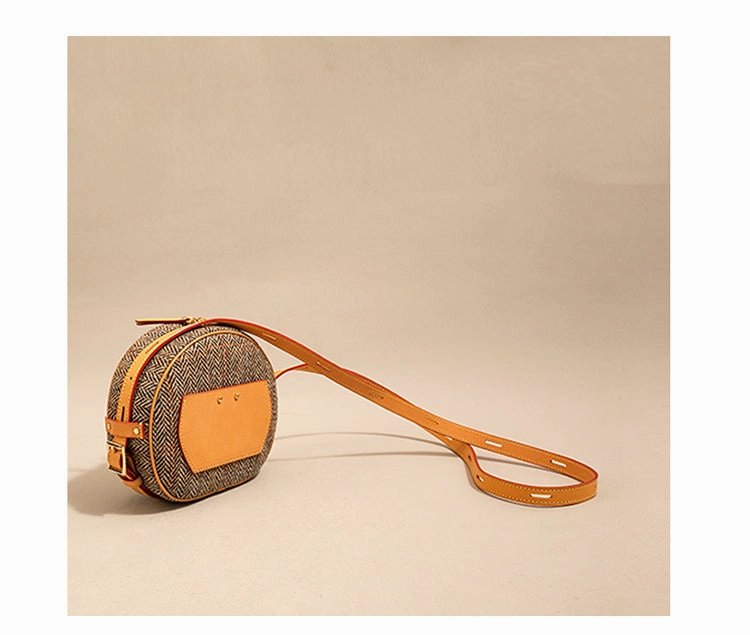 Cute Womens Small Yellow Leather Tweed Round Crossbody Purse Handmade Round Shoulder Bag for Women