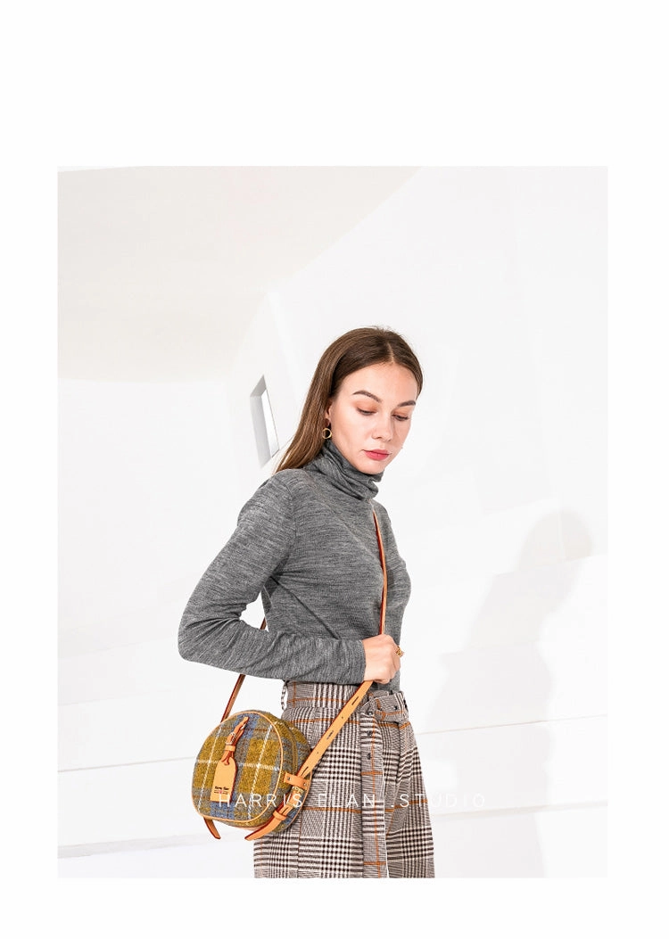 Cute Womens Small Yellow Leather Tweed Round Crossbody Purse Handmade Round Shoulder Bag for Women