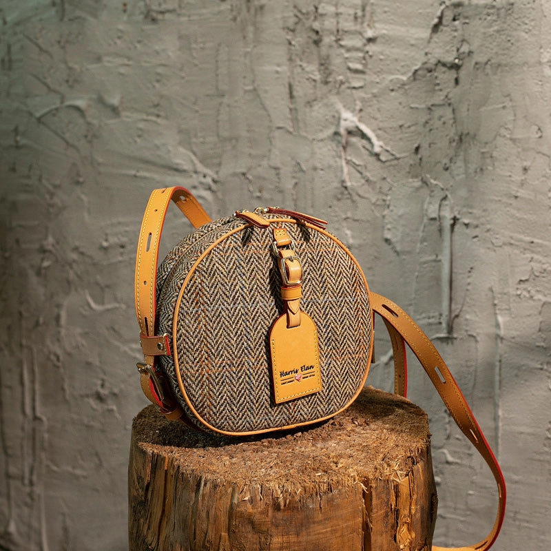 Cute Womens Small Yellow Leather Tweed Round Crossbody Purse Handmade Round Shoulder Bag for Women