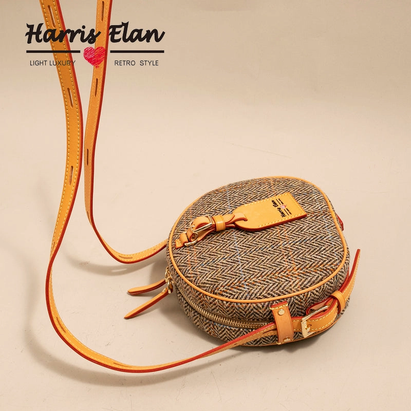Cute Womens Small Yellow Leather Tweed Round Crossbody Purse Handmade Round Shoulder Bag for Women