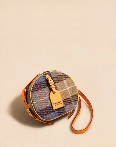 Cute Womens Small Yellow Leather Tweed Round Crossbody Purse Handmade Round Shoulder Bag for Women