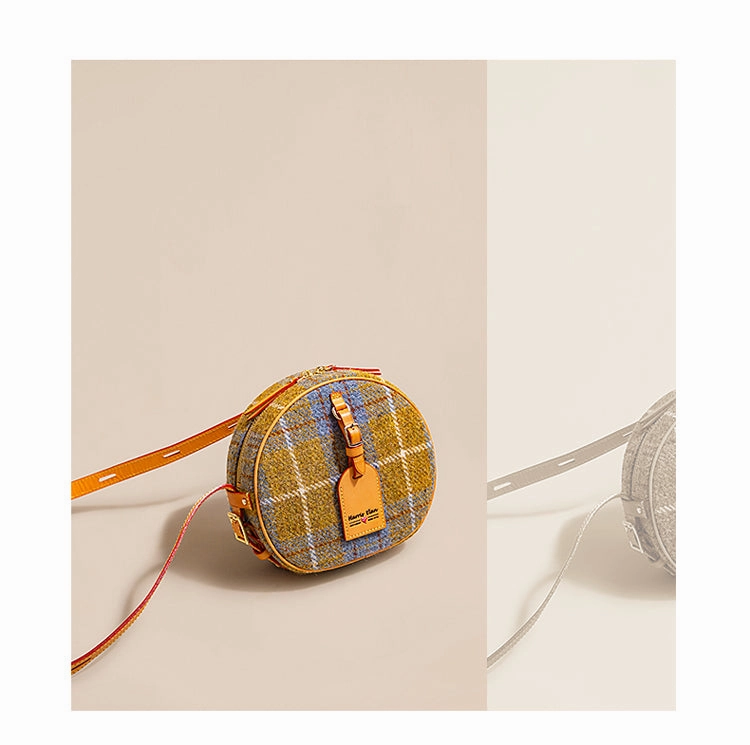 Cute Womens Small Yellow Leather Tweed Round Crossbody Purse Handmade Round Shoulder Bag for Women
