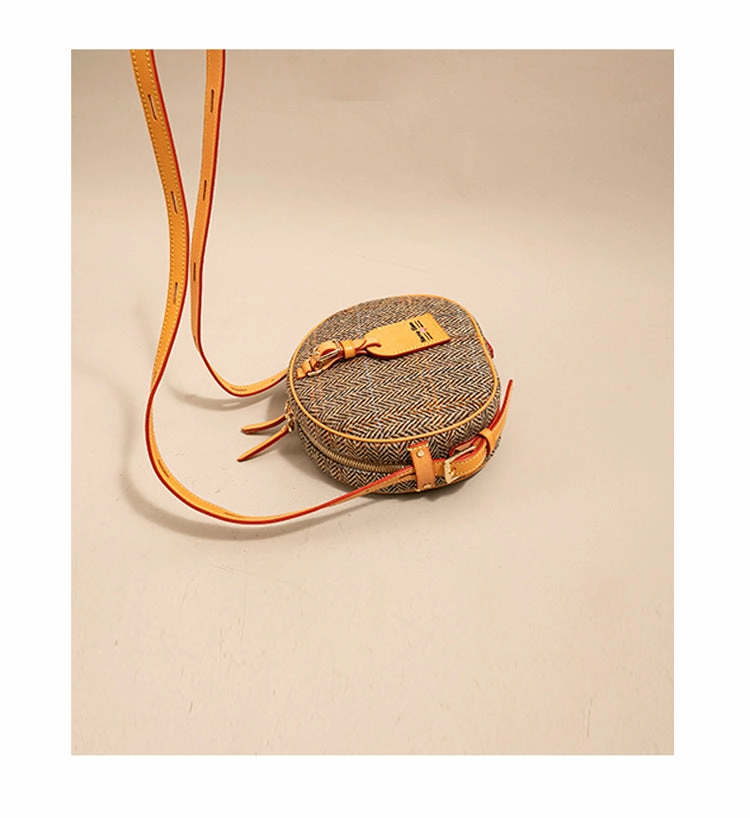 Cute Womens Small Yellow Leather Tweed Round Crossbody Purse Handmade Round Shoulder Bag for Women