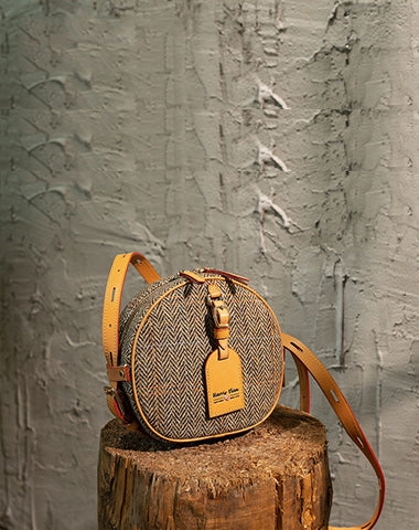 Cute Womens Small Yellow Leather Tweed Round Crossbody Purse Handmade Round Shoulder Bag for Women