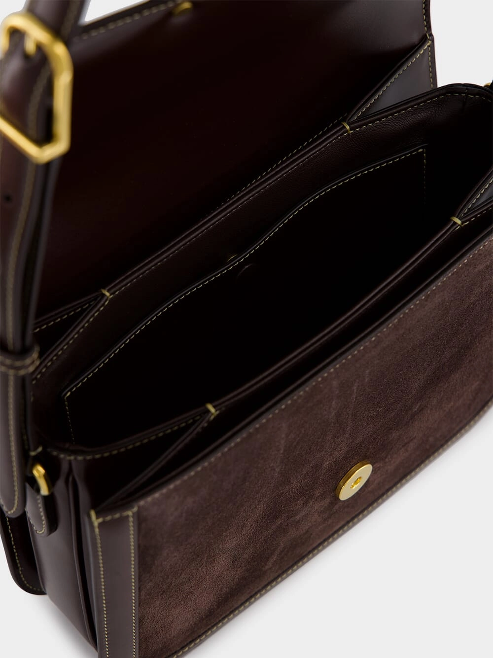 Dark Brown Suede Shoulder Bag with Brass Logo