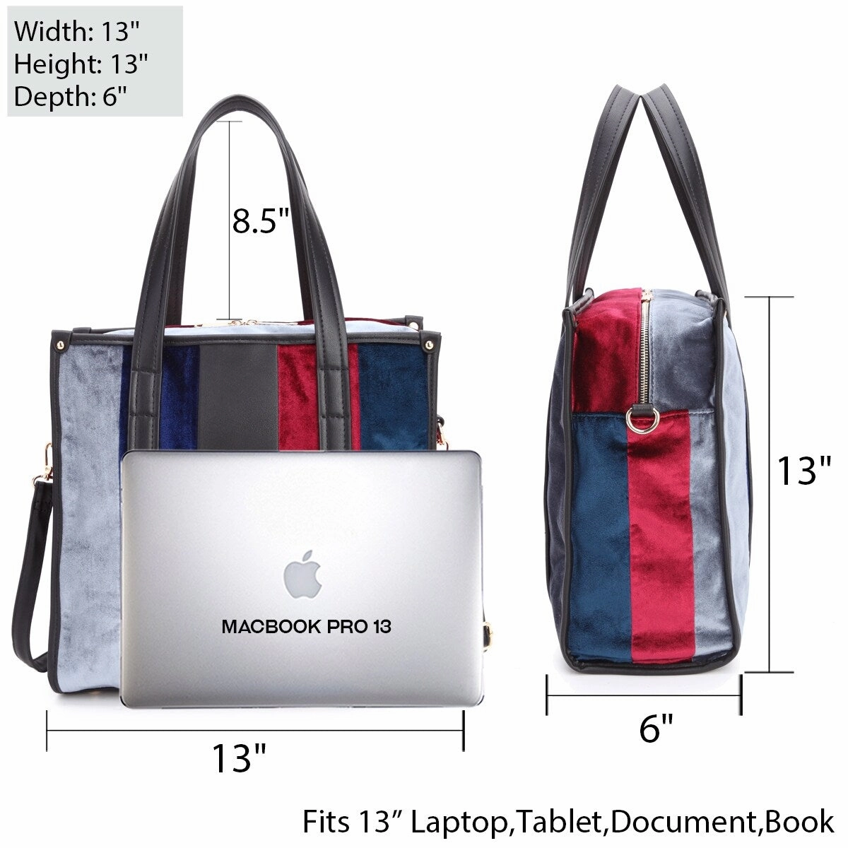 Dasein Faux Leather Velvet Large Tote MultiColor 13in W 13in H Adjustable Strap