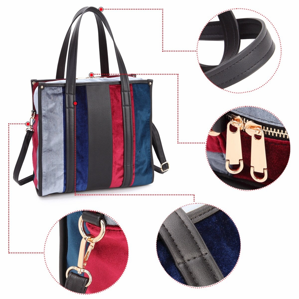 Dasein Faux Leather Velvet Large Tote MultiColor 13in W 13in H Adjustable Strap