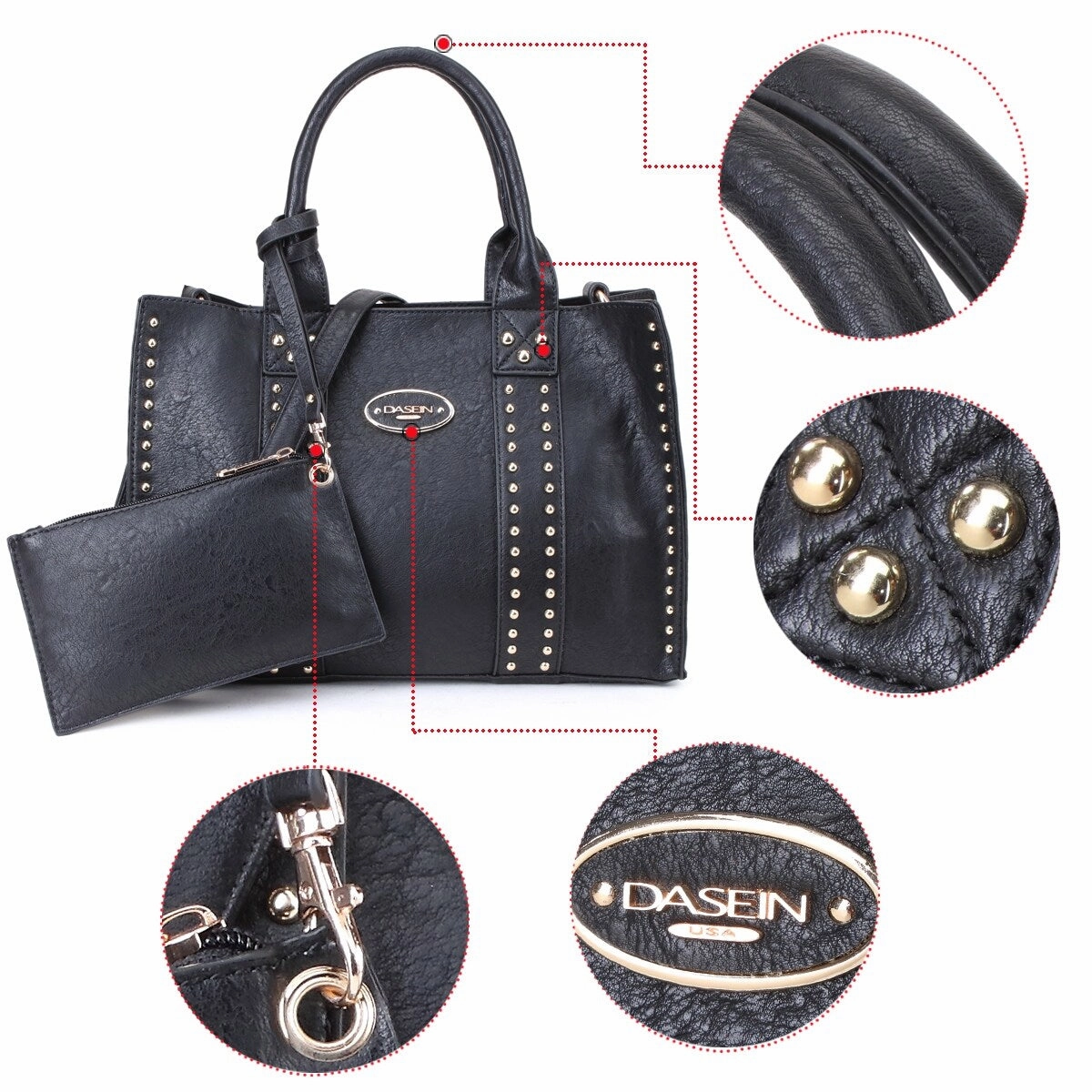Dasein Studded Tote Bag Faux Leather With Organizer Pouch And Wristlet Green