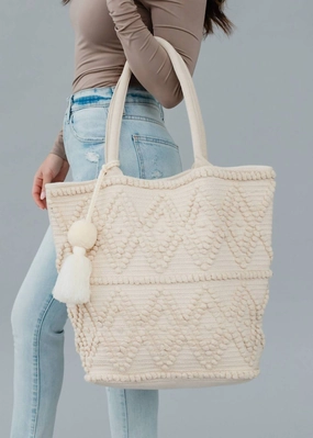 Diamond Pattern Cotton Large Tote In Ivory