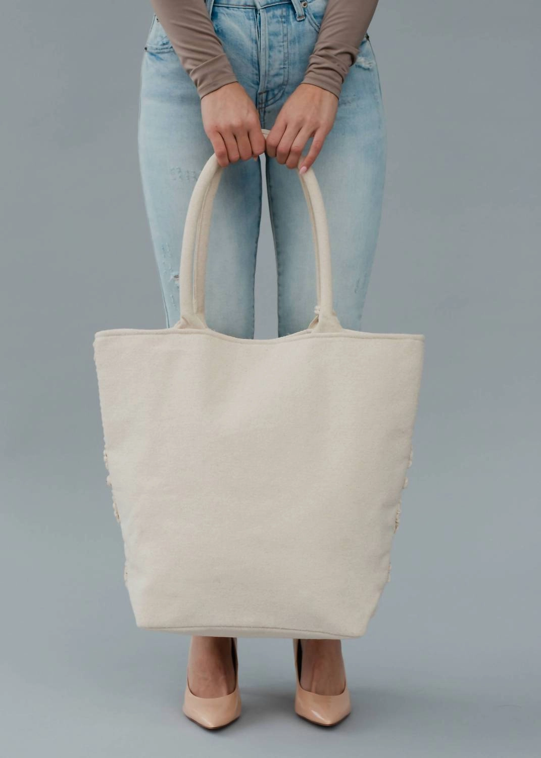 Diamond Pattern Cotton Large Tote In Ivory