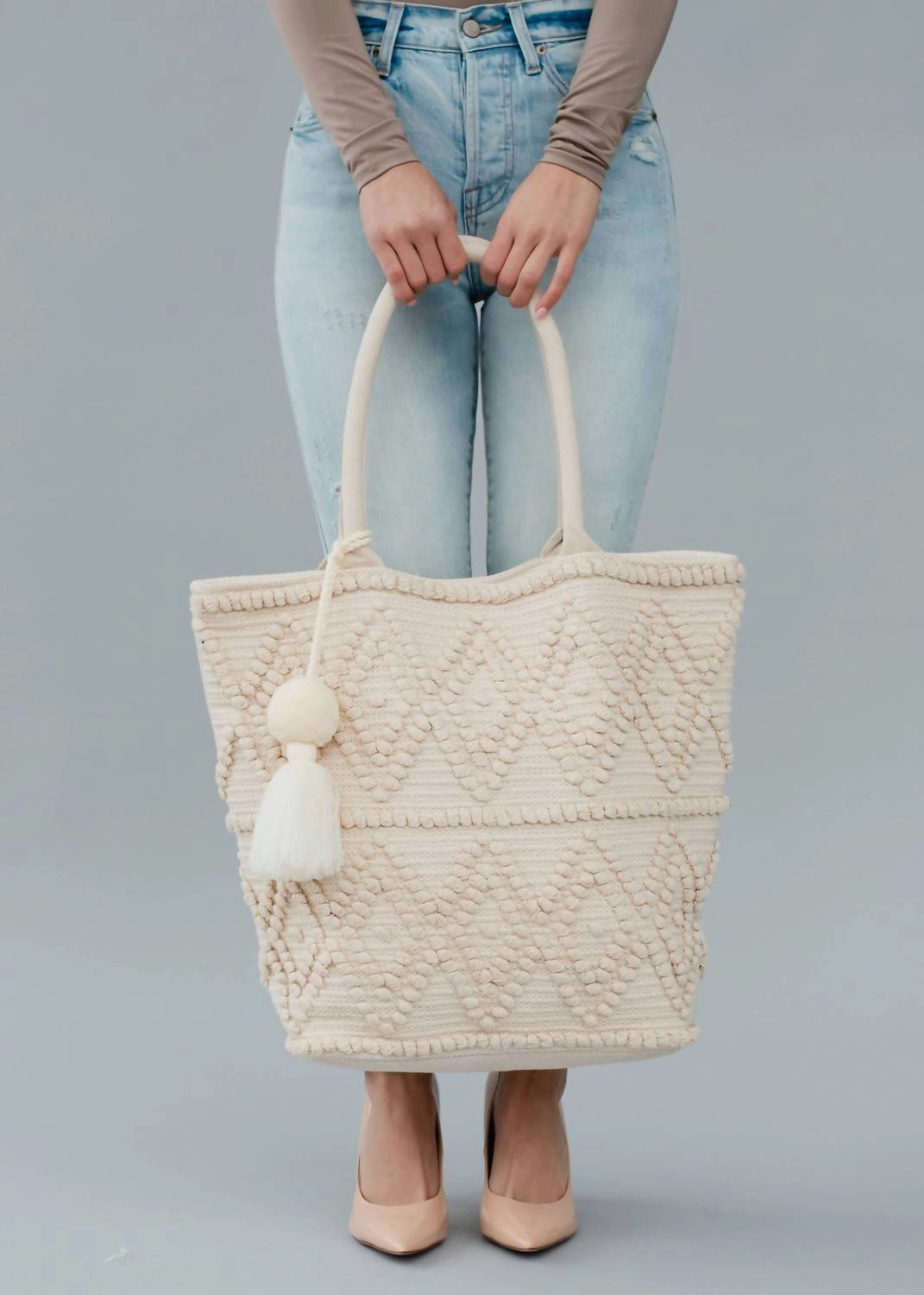 Diamond Pattern Cotton Large Tote In Ivory