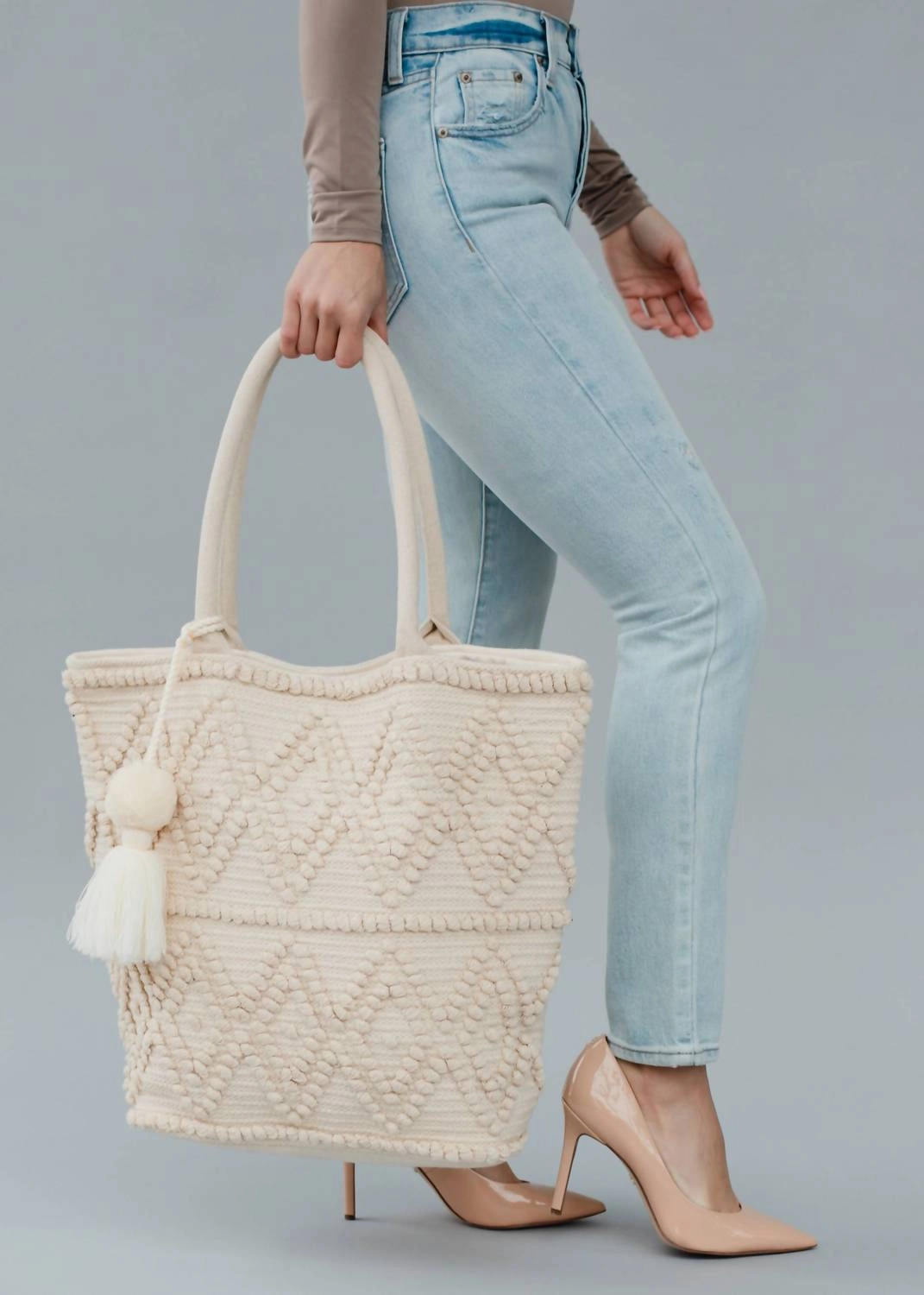 Diamond Pattern Cotton Large Tote In Ivory