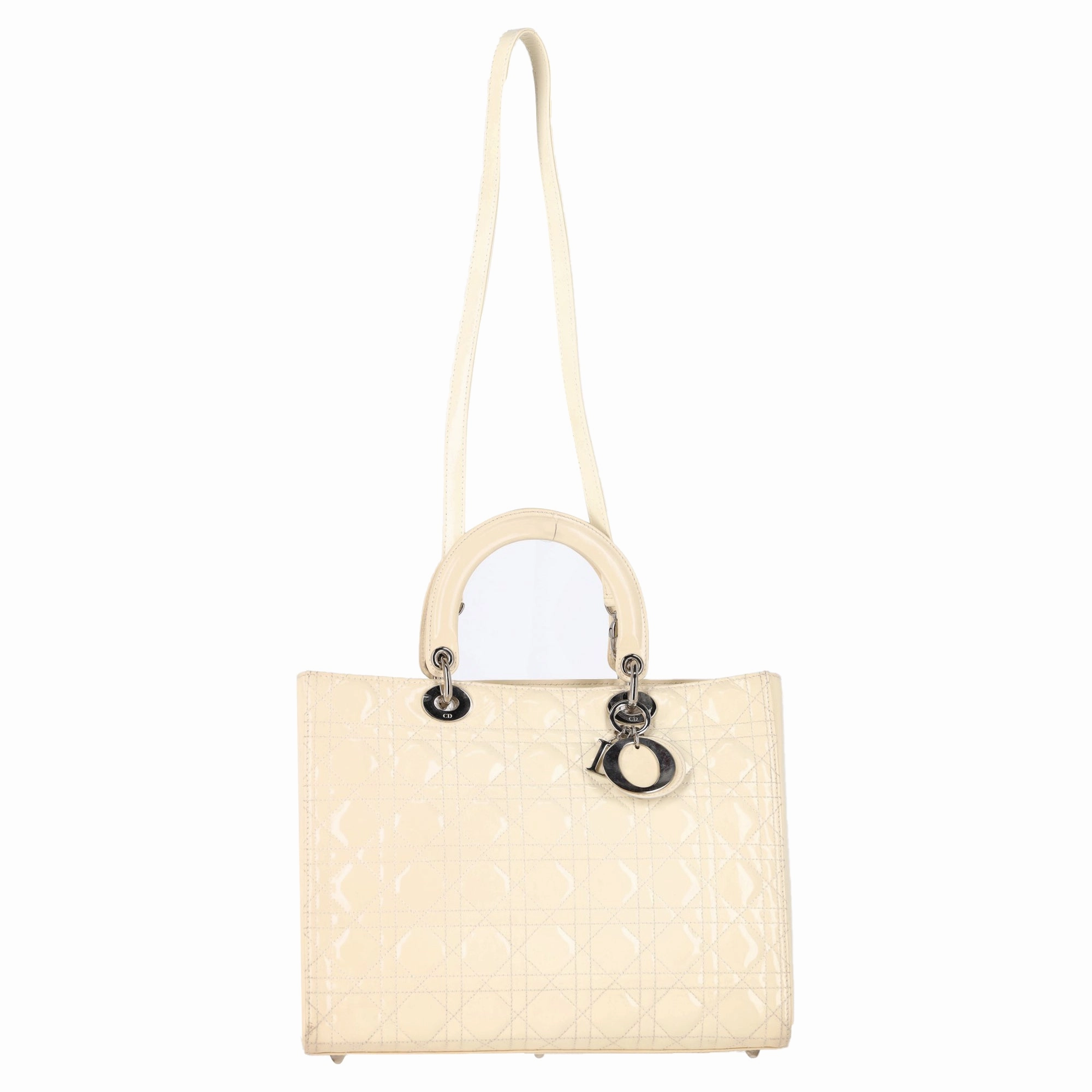 Dior Cannage Quilted Large Lady Dior Bag in Ivory Patent Leather