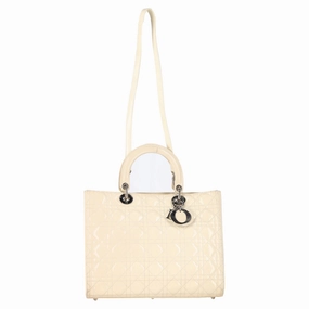 Dior Cannage Quilted Large Lady Dior Bag in Ivory Patent Leather