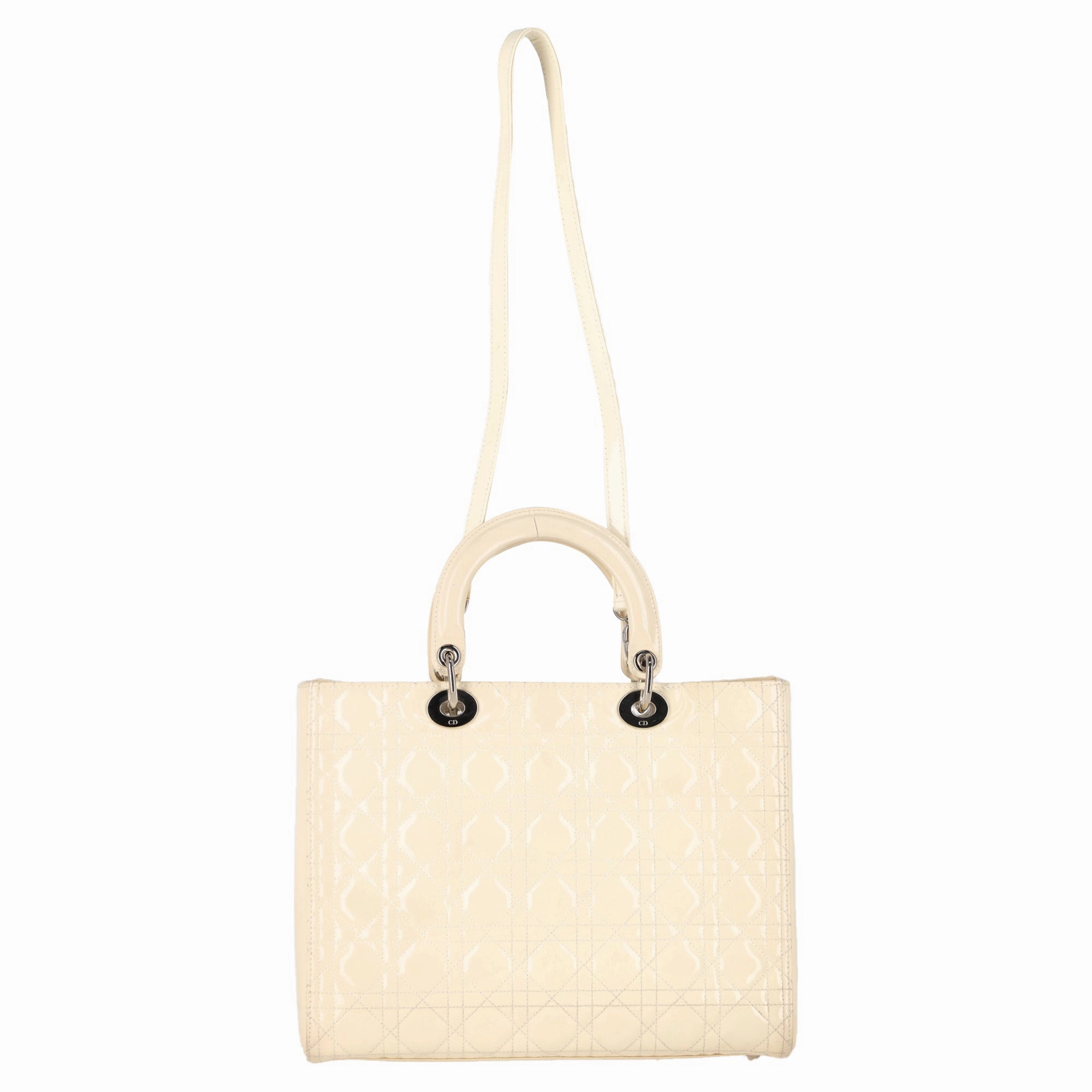 Dior Cannage Quilted Large Lady Dior Bag in Ivory Patent Leather