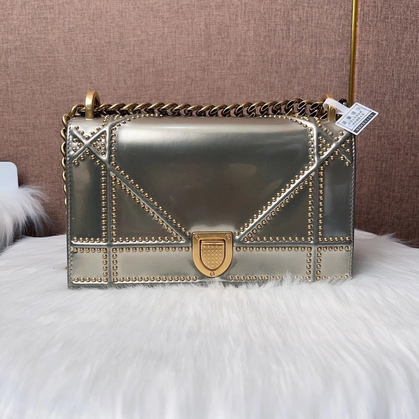 Dior Diorama Gold Metallic Studded Shoulder Bag Medium