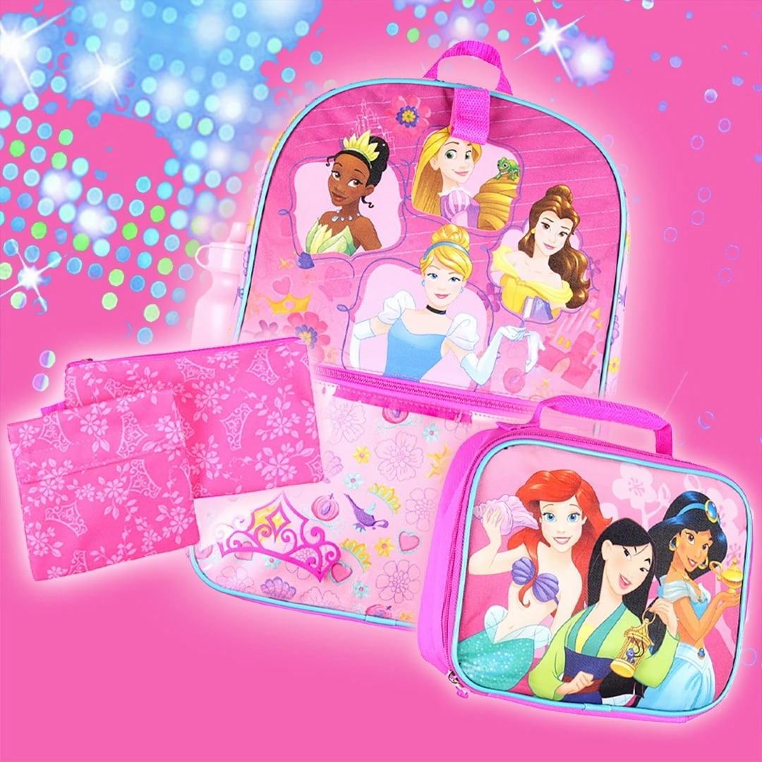 Disney Princess 16 Backpack for Girls 5 Piece School Lunch Box Set