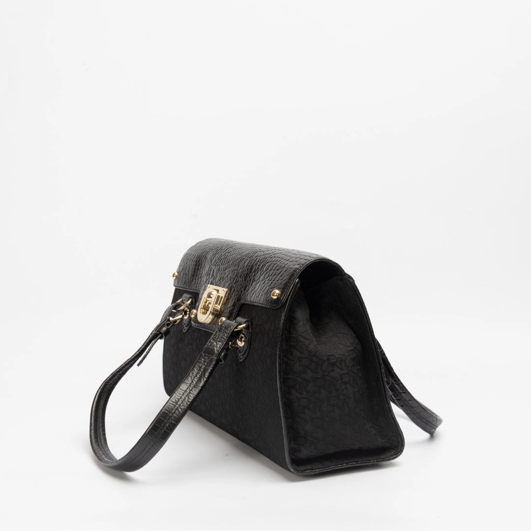 DKNY Signature Canvas and Croc Embossed Leather Shoulder Bag