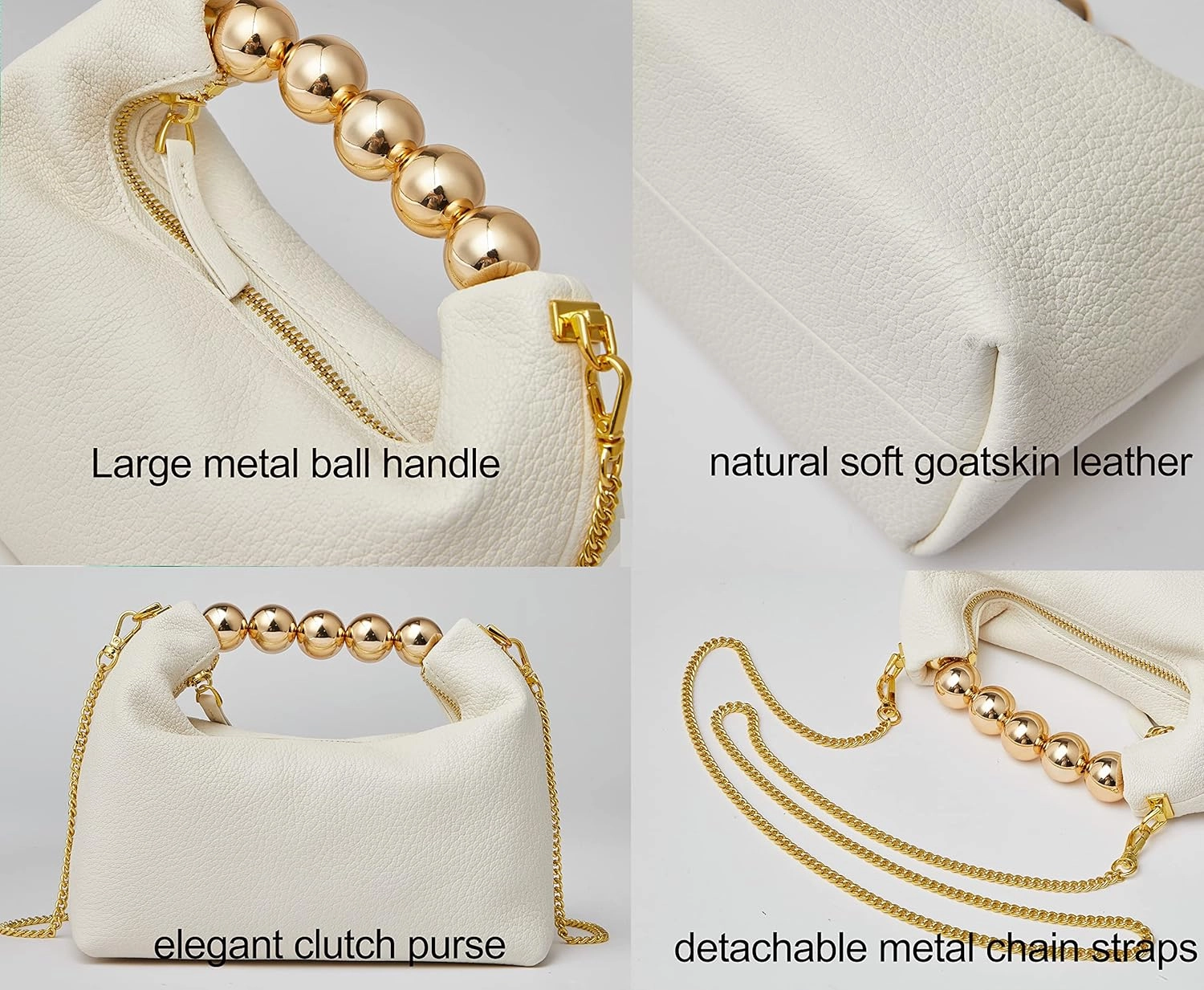 DORIS&JACKY Small Top Handle Clutch Bag Women Designer Goatskin Crossbody Purse With Pearl Handle And Detachable Metal Chain