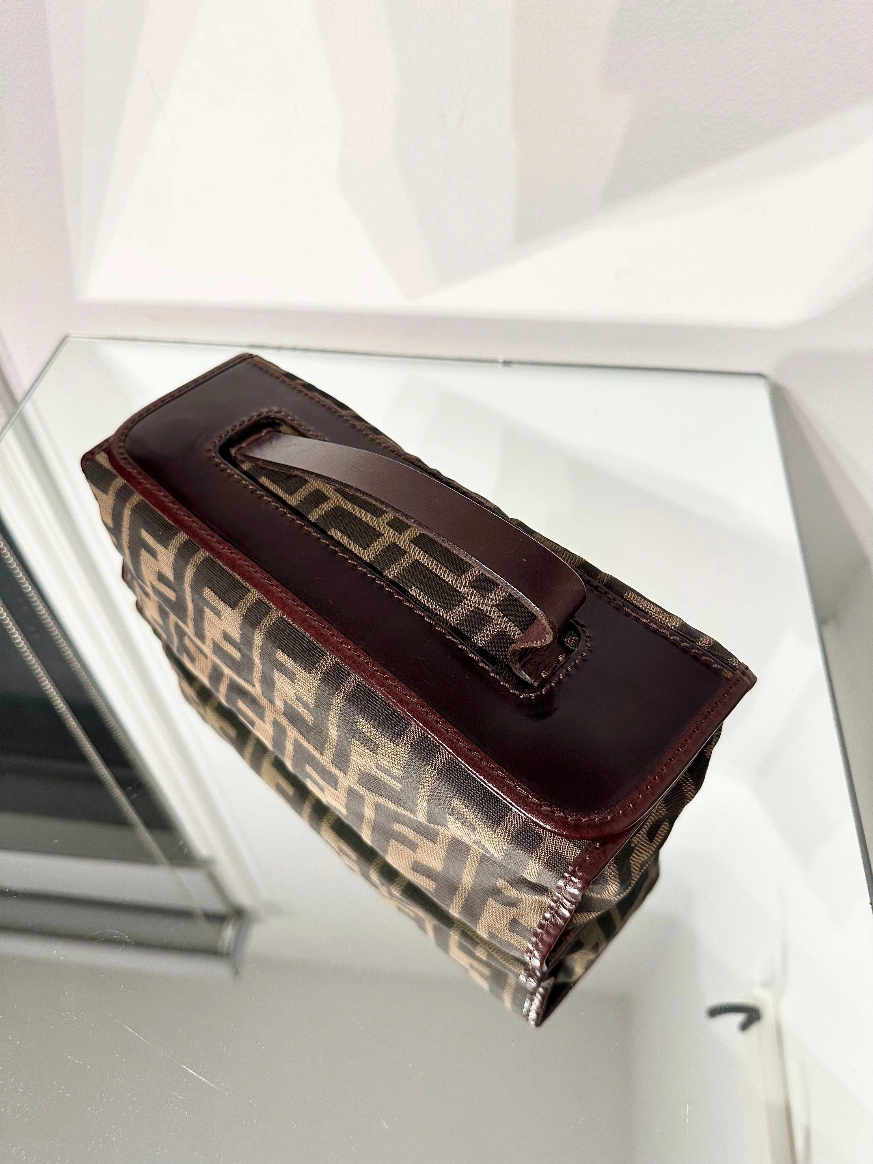FENDI Vintage Zucca Print Leather Trim Handle Clutch