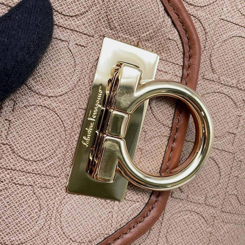 Ferragamo Gancini Shoulder Bag Jasmin Flower/Brown Leather