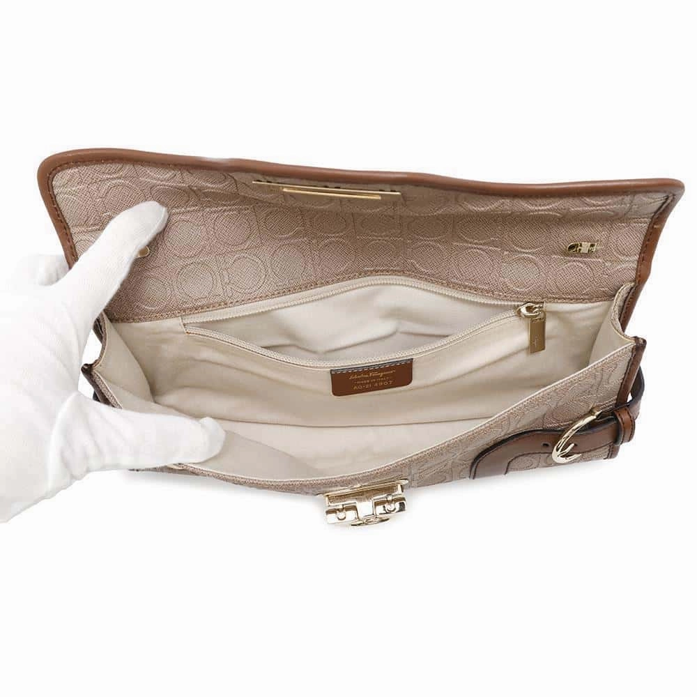 Ferragamo Gancini Shoulder Bag Jasmin Flower/Brown Leather