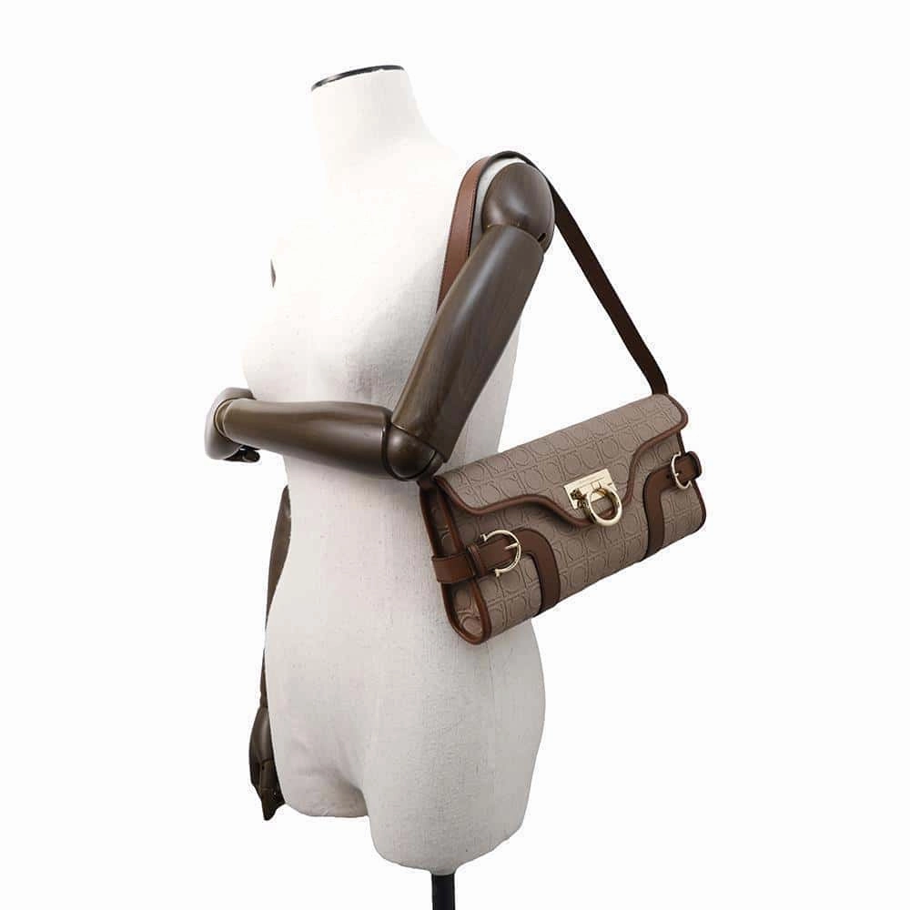Ferragamo Gancini Shoulder Bag Jasmin Flower/Brown Leather
