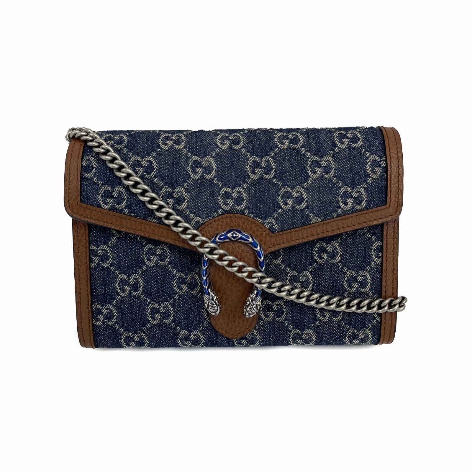 GUCCI - Dionysus GG Denim Shoulder Bag Collection - Blue Brown w/ Shoulder Chain