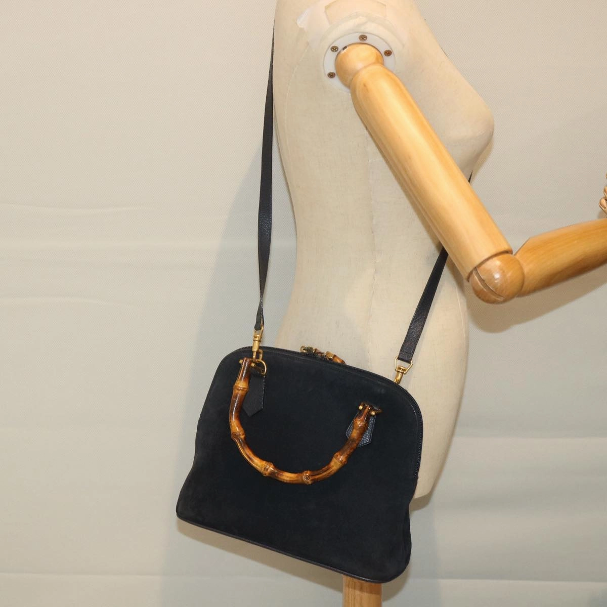 GUCCI Bamboo Shoulder Bag Suede 2way Navy  58084