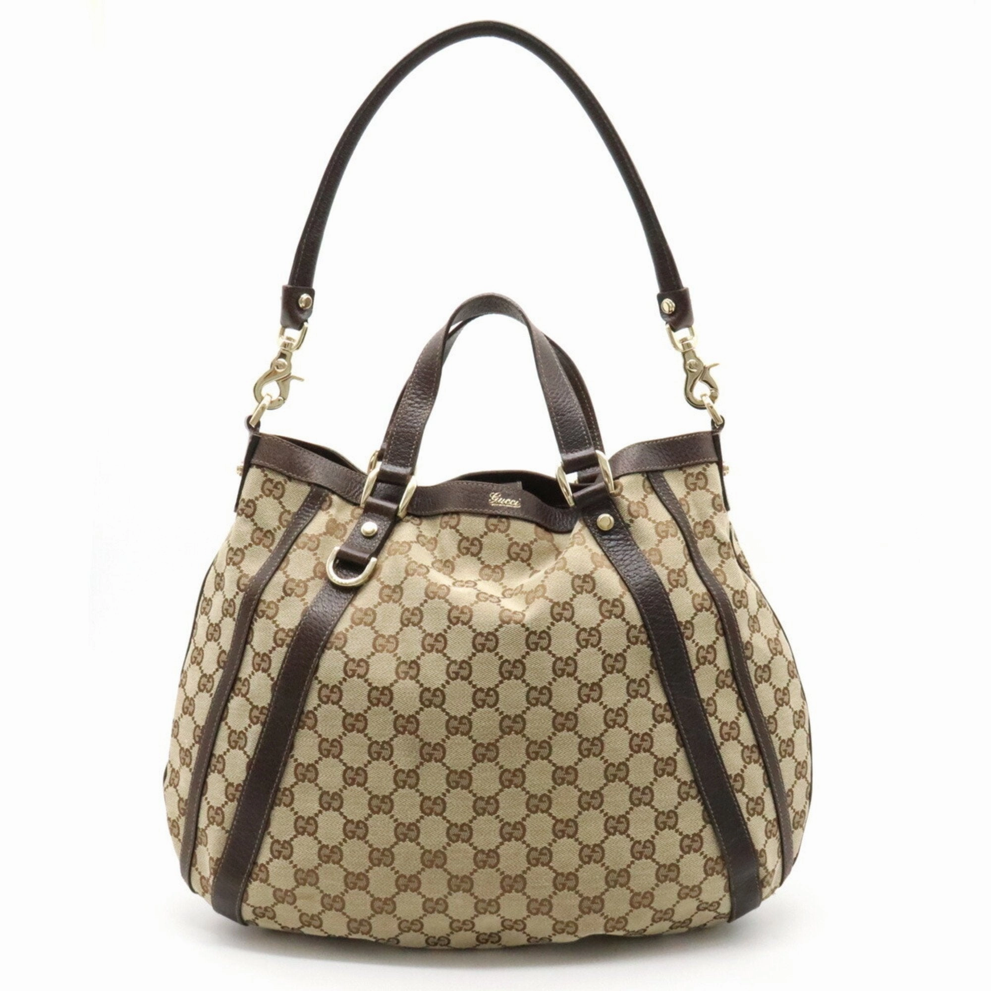 Gucci Beige Dark Brown Canvas Leather Handbag Shoulder Bag Tote Bag ()